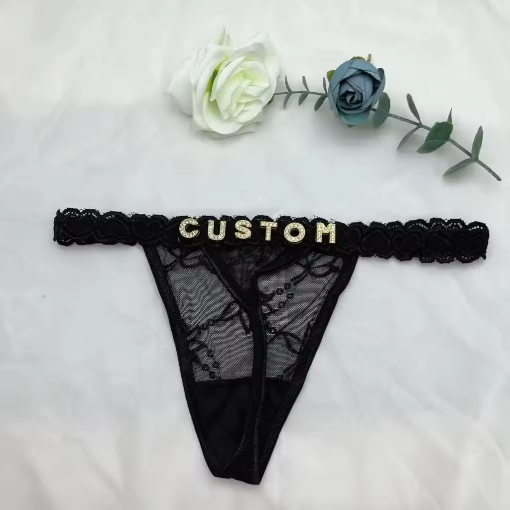 Custom Thong Panties – Personalized Women’s Lingerie with Name – Black, Red, White, or Purple – Gold or Silver Letters – 1 to 7 Letters