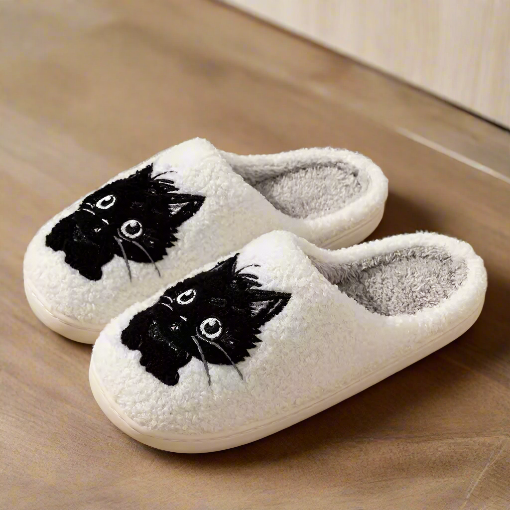 Black Cat Slippers for Women Cute Fuzzy Indoor House Shoes Cozy Cartoon Cat Face Bedroom Non-Slip Winter Gift for Cat Lovers