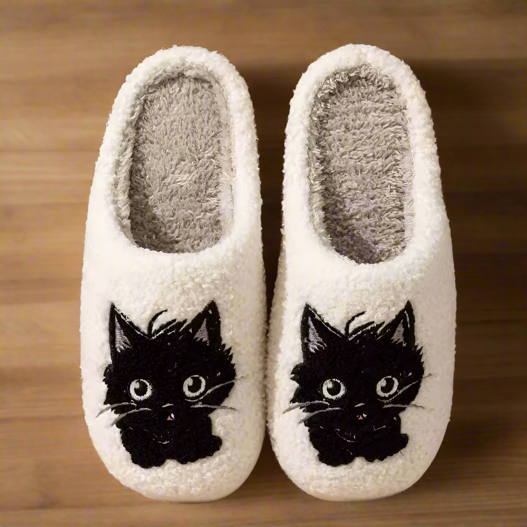 Black Cat Slippers for Women Cute Fuzzy Indoor House Shoes Cozy Cartoon Cat Face Bedroom Non-Slip Winter Gift for Cat Lovers