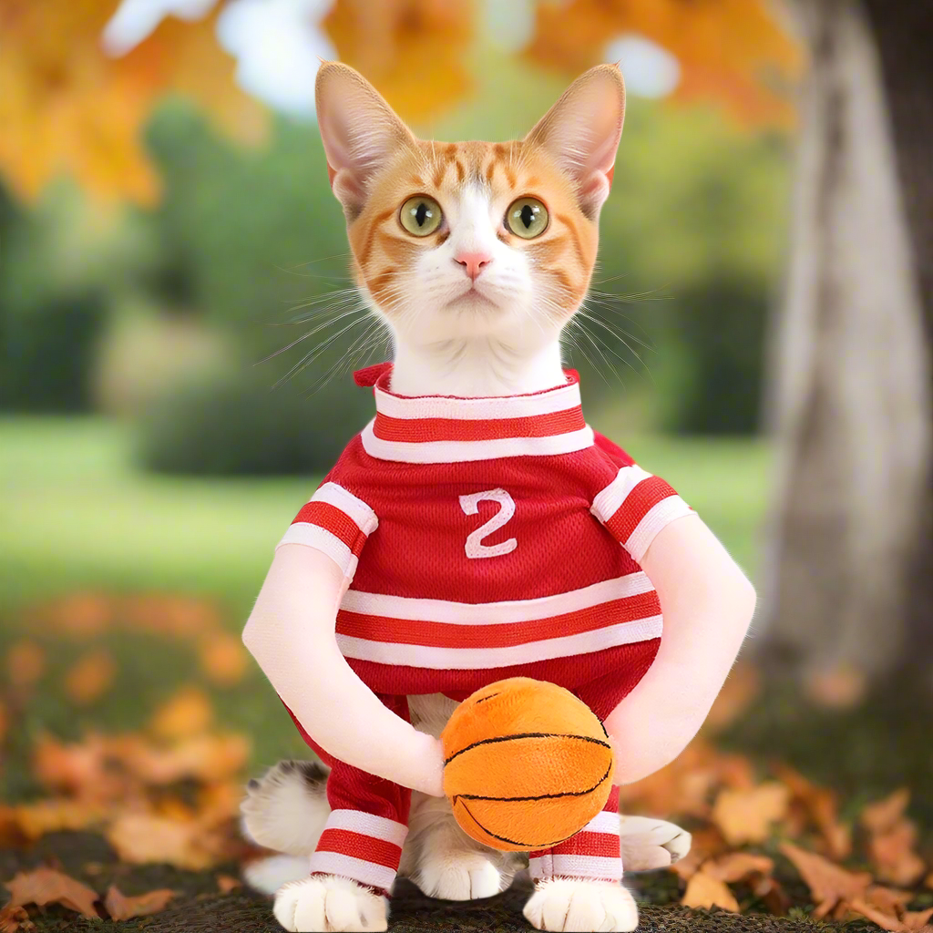 Basketball Pet Costume – Funny Cat & Dog Sport Outfit with Ball, Breathable Puppy Halloween Cosplay Clothes (XS–XL)