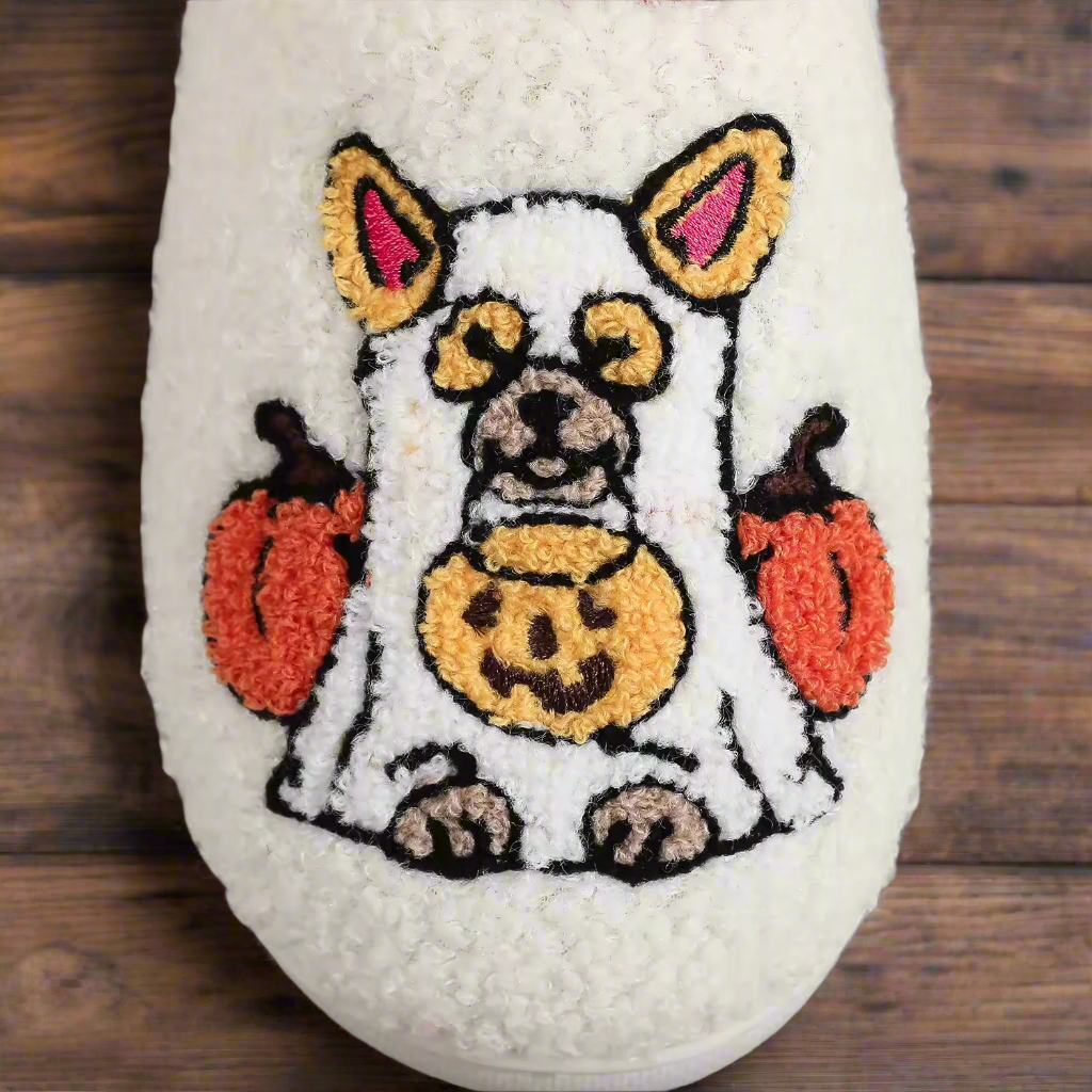 Halloween Dog Slippers – Cozy Pumpkin Ghost Dog Slippers, Funny Fall Gift for Women & Men, Cute Dog Lover House Shoes