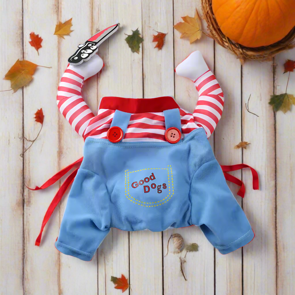 Halloween Pet Costume – Creepy Doll Outfit with Striped Shirt & Overalls for Cats & Dogs, Funny Cosplay with Plush Knife Prop