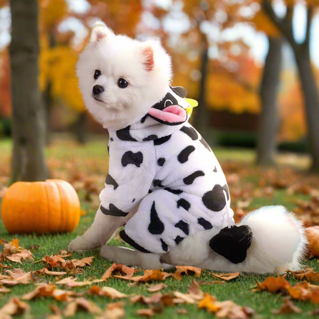 Cow Pet Costume – Funny Dog & Cat Outfit with Hood, Cute Animal Cosplay Pajamas for Halloween, Parties & Winter Warmth (XS–L)