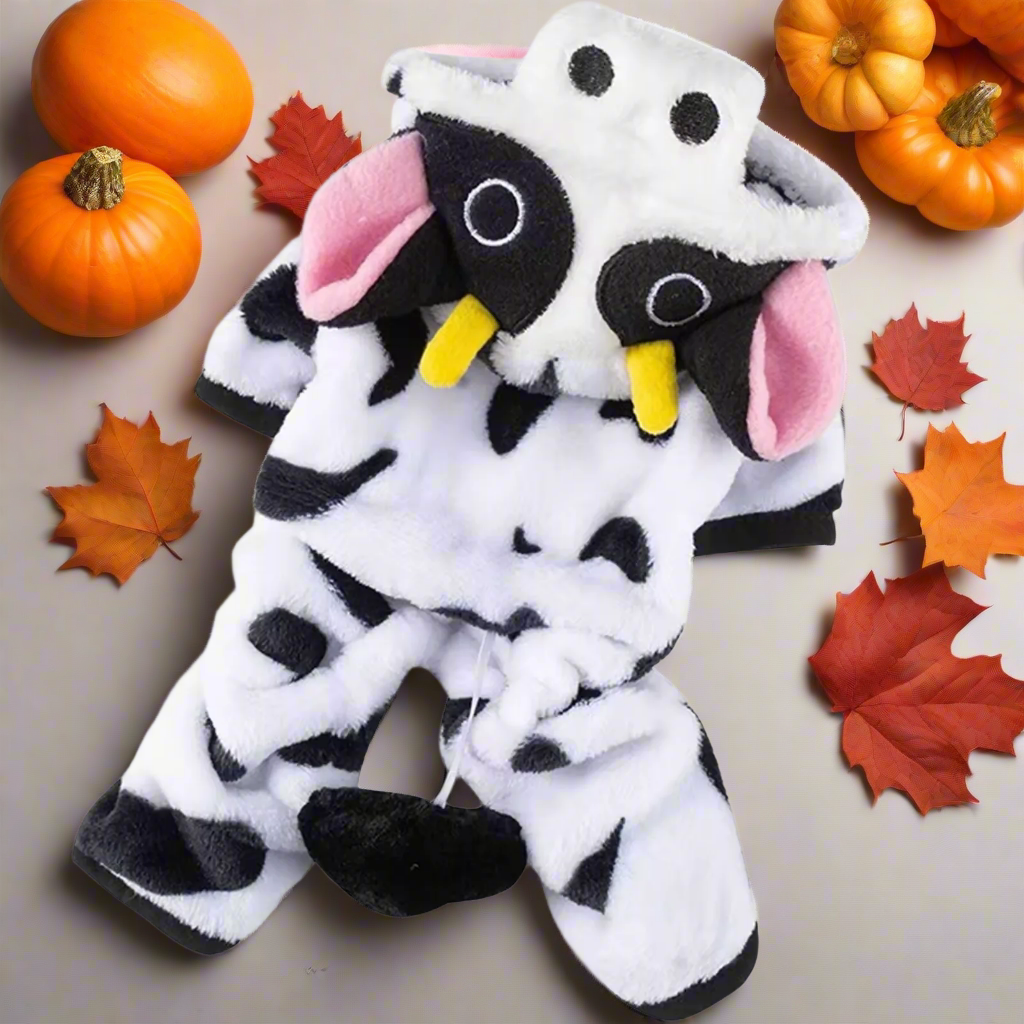 Cow Pet Costume – Funny Dog & Cat Outfit with Hood, Cute Animal Cosplay Pajamas for Halloween, Parties & Winter Warmth (XS–L)