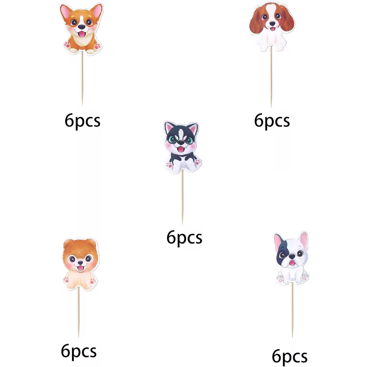 24pcs Cartoon Pug Dog Cupcake Toppers – Puppy Party Picks for Kids Birthday, Baby Shower, Pet Themed Cake Decorations