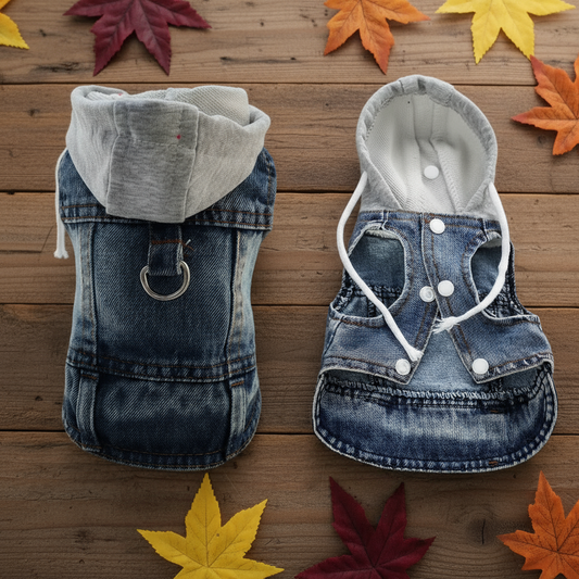 Dog Denim Hoodie Vest – Blue/Black Jean Jacket with Gray Knit Hood, D-Ring Leash Loop, Snap Buttons, Small Pet Clothes (XS–XXL)