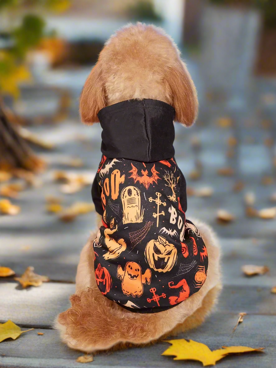 Halloween Pet Hoodie – Ghost & Bat Print Dog & Cat Sweatshirt with Hood, Funny Halloween Costume Outfit (XS–XXL)