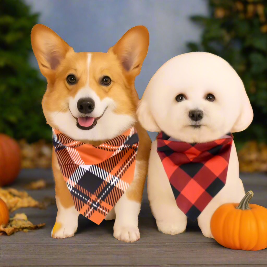 2pcs Fall Dog Bandanas – Orange & Red Plaid Pet Triangle Scarves, Thanksgiving Puppy & Cat Bibs, Autumn Pet Accessories