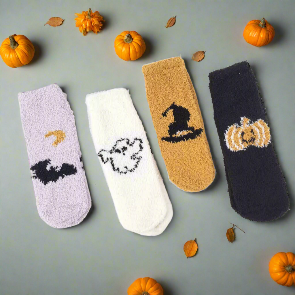 Fuzzy Halloween Socks 4 Pack – Pumpkin, Witch Hat, Bat, Ghost & More | Cozy Cute Fall Socks for Women & Men | Spooky Season Gift