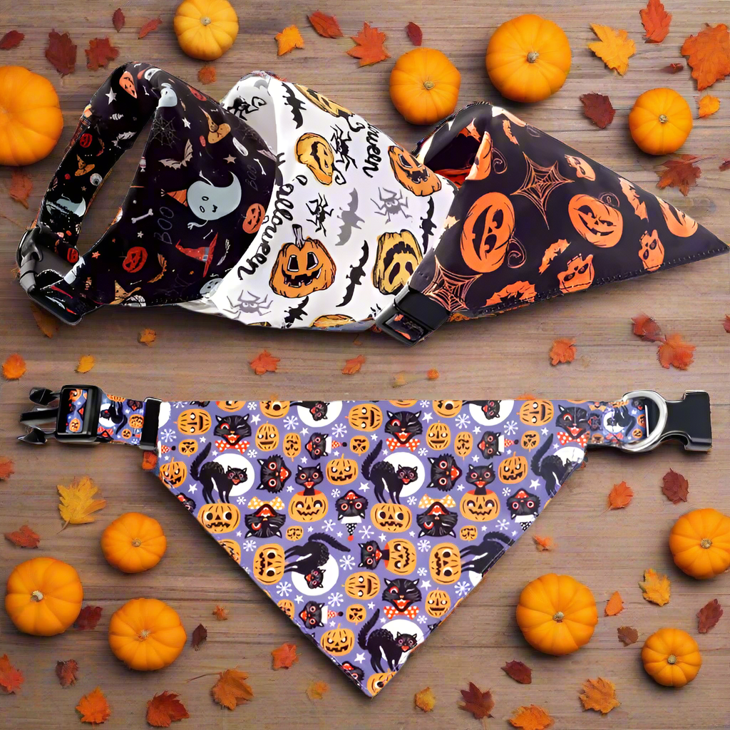 Halloween Dog Bandana Collar – 4 Designs, Adjustable Pet Scarf for Small Medium Large Dogs, Ghost Pumpkin Cat Pet Costume Bib