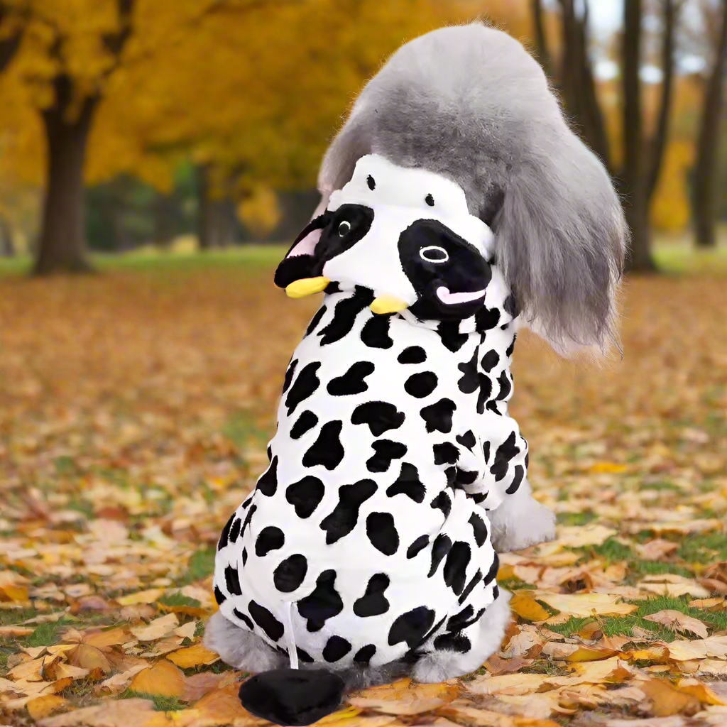 Cow Print Pet Costume Hoodie โ Fleece Dog & Cat Jumpsuit Pajamas, Warm Winter Clothes for Small Dogs Cats Chihuahua Yorkie Outfit