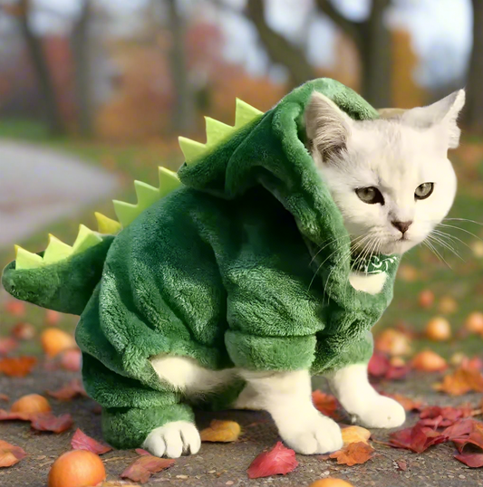 Dinosaur Pet Costume – Funny Cat & Dog Fleece Hoodie, Warm Winter Pet Clothes for Small Dogs & Cats, Halloween Cosplay Outfit