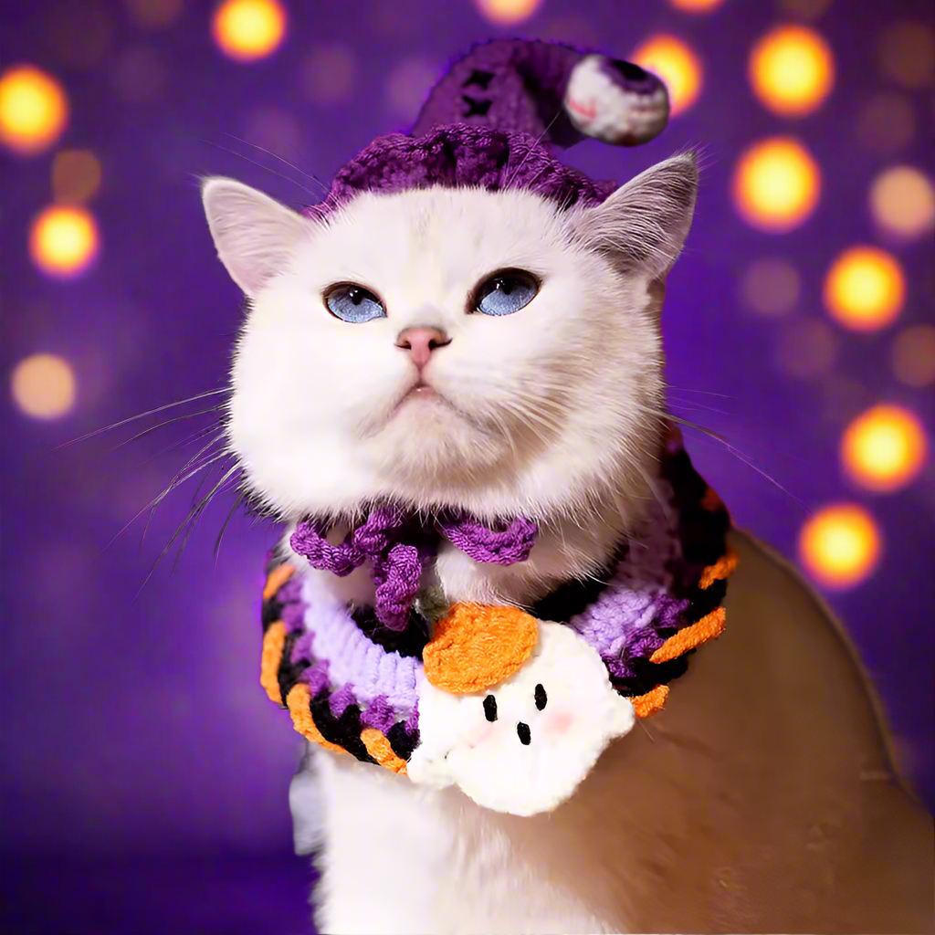Knitted Halloween Cat Costume – Ghost Knit Hat & Bib Set for Cats, Dogs, or Rabbits, Cute Woven Pet Outfit for Halloween Photos