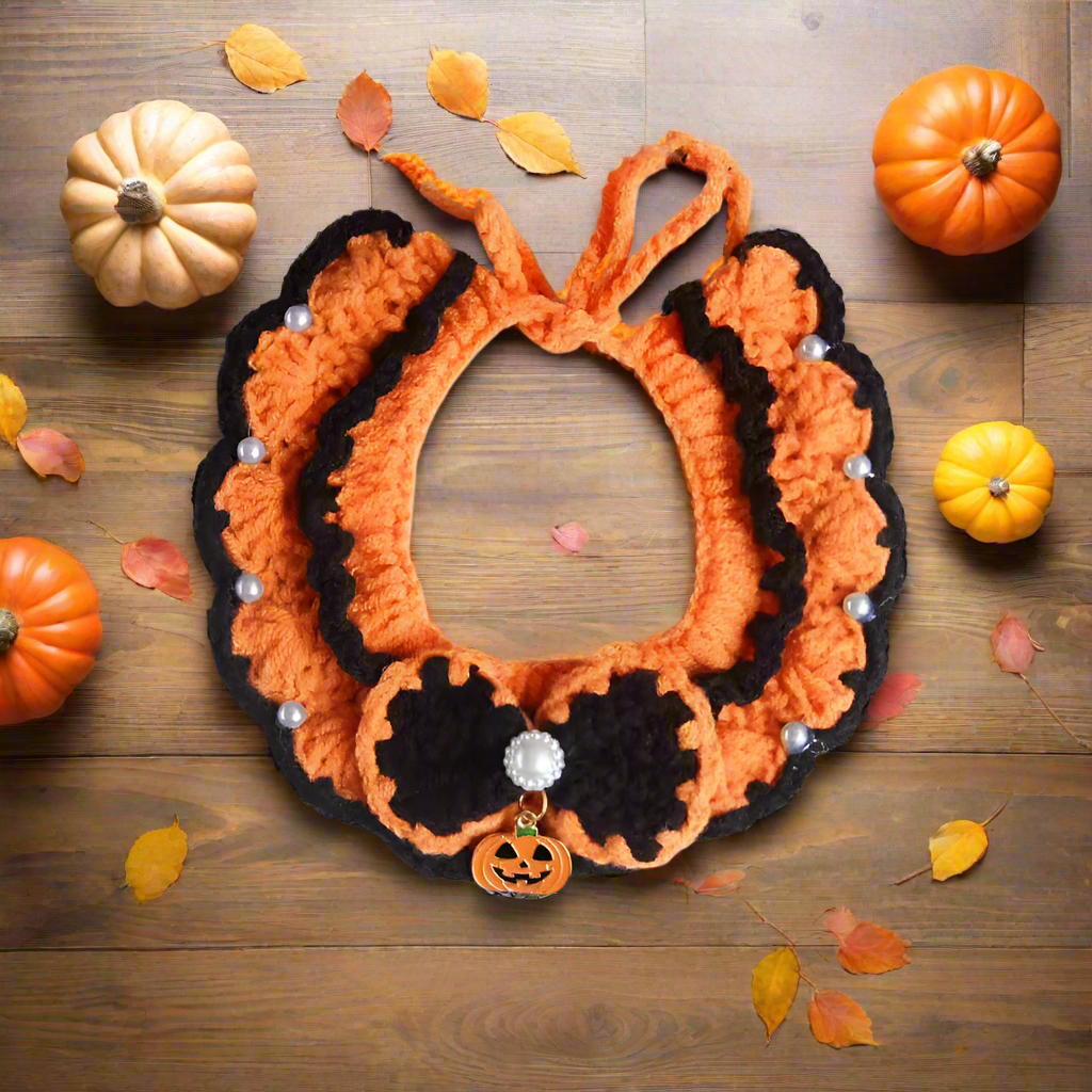 Knitted Halloween Cat Costume – Ghost Knit Hat & Bib Set for Cats, Dogs, or Rabbits, Cute Woven Pet Outfit for Halloween Photos