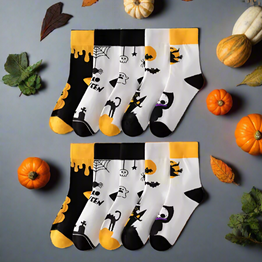 Cartoon Halloween Socks 10-Pack – 5 Spooky-Cute Styles | Ghost, Bat, Pumpkin & More | Fun Fall Socks Gift Set for Women & Men