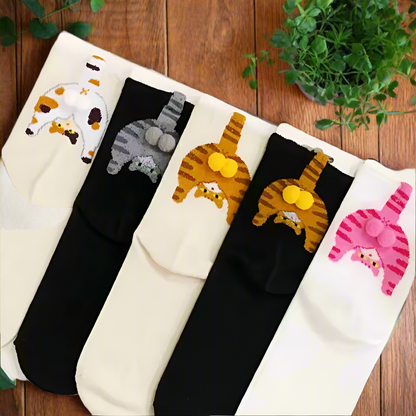 Cartoon Cat Socks Funny Egg Butt Design | Cozy Mid-Calf Cotton Socks for Cat Lovers, Christmas Gifts, Winter Warm Socks
