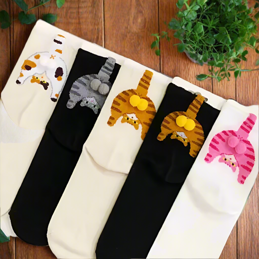 Cartoon Cat Socks Funny Egg Butt Design | Cozy Mid-Calf Cotton Socks for Cat Lovers, Christmas Gifts, Winter Warm Socks
