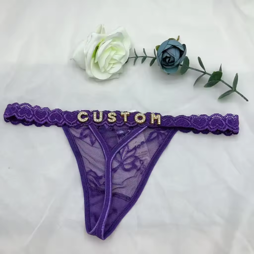 Custom Thong Panties – Personalized Women’s Lingerie with Name – Black, Red, White, or Purple – Gold or Silver Letters – 1 to 7 Letters