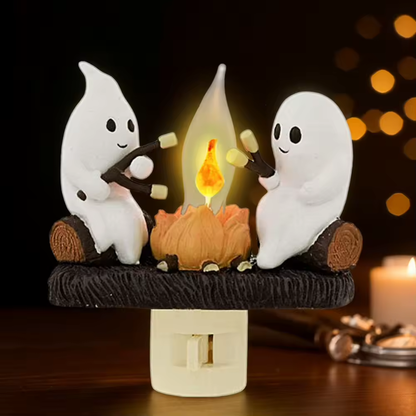 Ghost Campfire Night Light – Flickering Flame Halloween Nightlight, Toasting Marshmallow Ghosts, Cozy Fall Plug-In Gift for Home