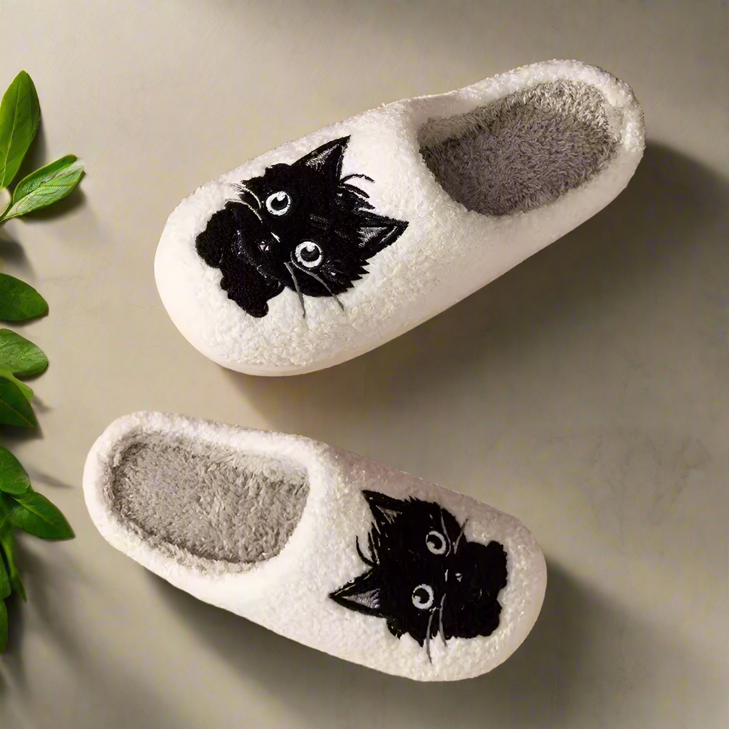 Black Cat Slippers for Women Cute Fuzzy Indoor House Shoes Cozy Cartoon Cat Face Bedroom Non-Slip Winter Gift for Cat Lovers