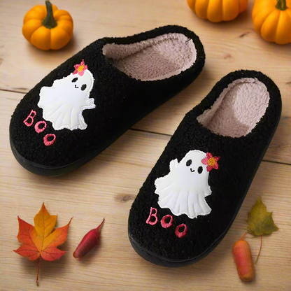 Cozy Ghost Face Slippers – Cute BOO Embroidered Halloween House Shoes, Plush Indoor Winter Slippers for Women & Men