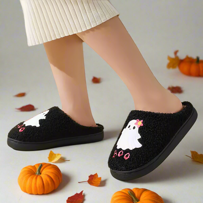 Cozy Ghost Face Slippers – Cute BOO Embroidered Halloween House Shoes, Plush Indoor Winter Slippers for Women & Men