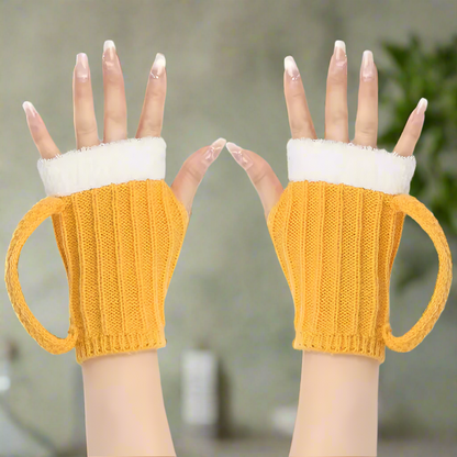 Beer Mug Gloves Funny Fingerless Knit Gloves – Dad Gift, Fathers Day Present, Oktoberfest Costume Accessory, Beer Lover Gag Gift for Men