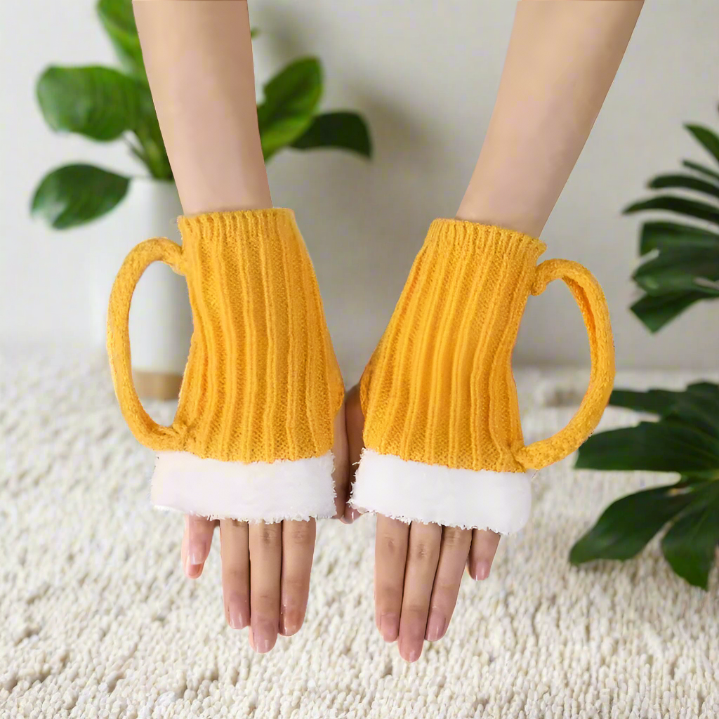 Beer Mug Gloves Funny Fingerless Knit Gloves – Dad Gift, Fathers Day Present, Oktoberfest Costume Accessory, Beer Lover Gag Gift for Men