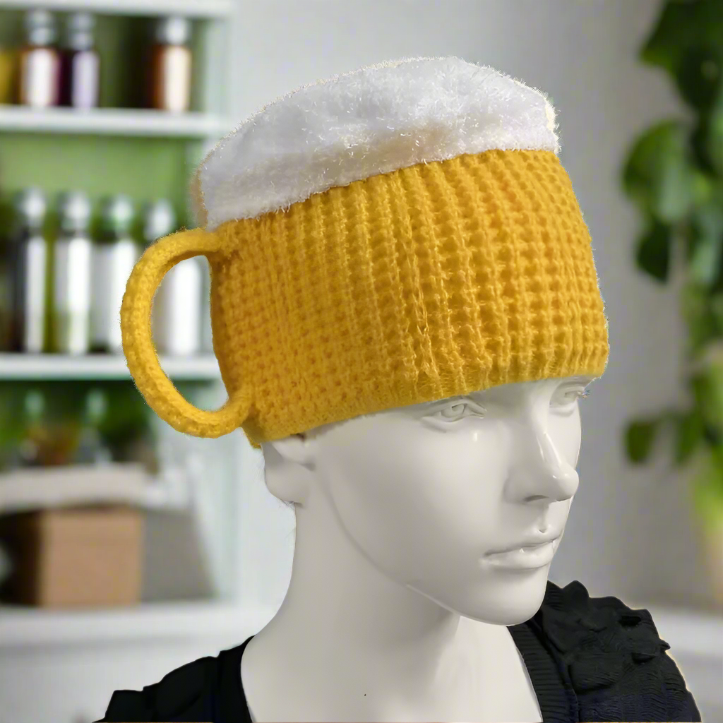 Funny Beer Mug Hat – Knit Foam Beer Cap Costume, Oktoberfest Party Hat, Gag Gift for Beer Lovers, Dad Gift, Father’s Day Novelty