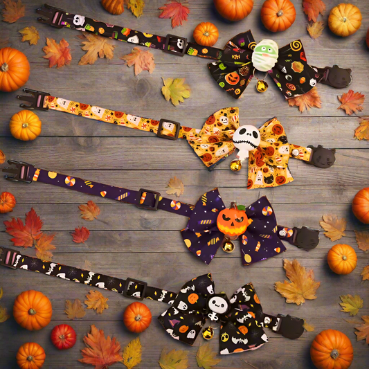Halloween Cat Collar with Bowtie – Adjustable Safety Buckle Collar for Cats & Small Dogs, Pumpkin Cartoon Pet Necklace (4 Styles)