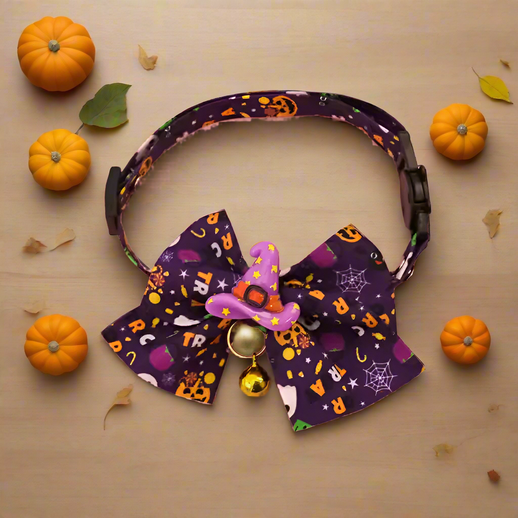 Halloween Cat Collar with Bowtie – Adjustable Safety Buckle Collar for Cats & Small Dogs, Pumpkin Cartoon Pet Necklace (4 Styles)