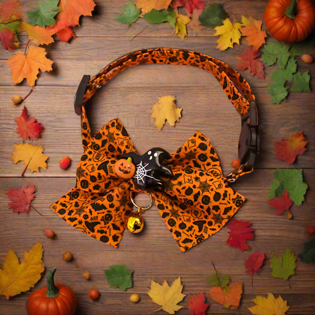 Halloween Cat Collar with Bowtie – Adjustable Safety Buckle Collar for Cats & Small Dogs, Pumpkin Cartoon Pet Necklace (4 Styles)