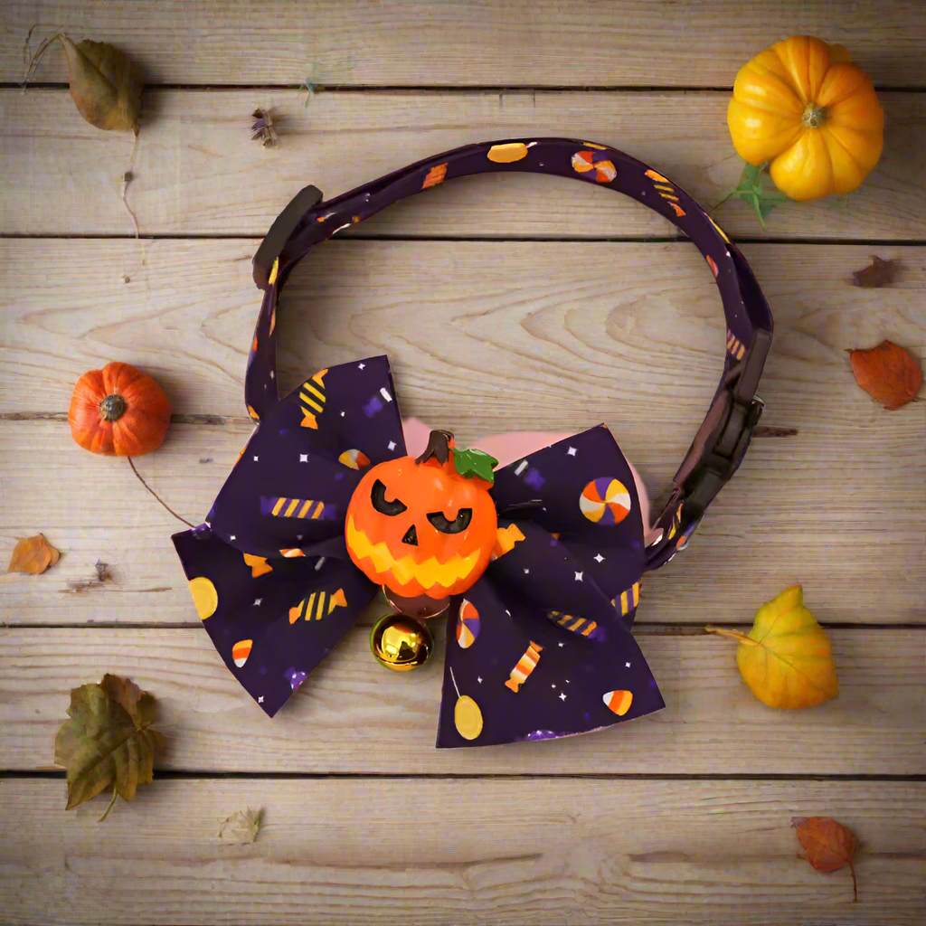 Halloween Cat Collar with Bowtie – Adjustable Safety Buckle Collar for Cats & Small Dogs, Pumpkin Cartoon Pet Necklace (4 Styles)