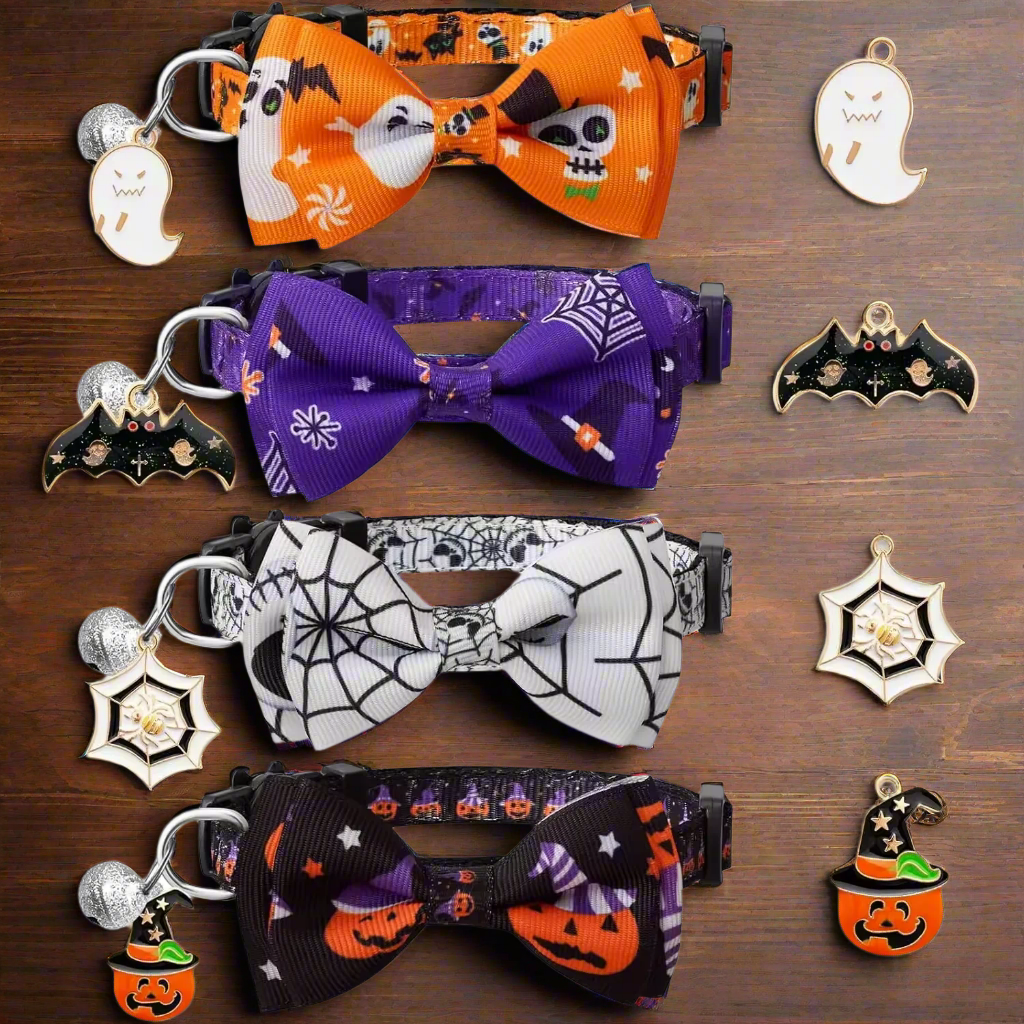 Halloween Cat Collar with Bow Tie & Bell – 1/4 Pcs Adjustable Breakaway Kitten Collar for Cats & Small Dogs, 4 Cute Styles