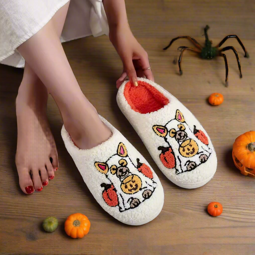 Halloween Dog Slippers – Cozy Pumpkin Ghost Dog Slippers, Funny Fall Gift for Women & Men, Cute Dog Lover House Shoes