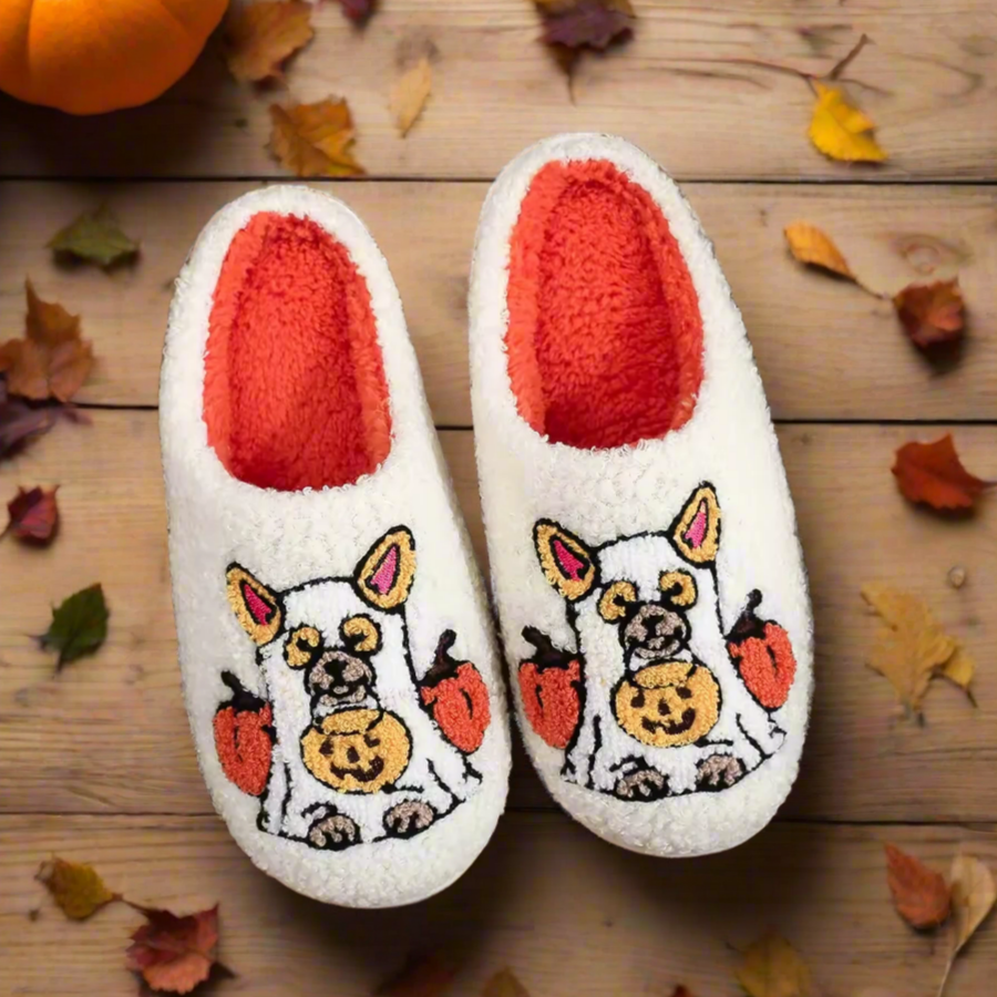 Halloween Dog Slippers – Cozy Pumpkin Ghost Dog Slippers, Funny Fall Gift for Women & Men, Cute Dog Lover House Shoes
