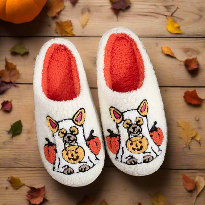 Halloween Dog Slippers – Cozy Pumpkin Ghost Dog Slippers, Funny Fall Gift for Women & Men, Cute Dog Lover House Shoes