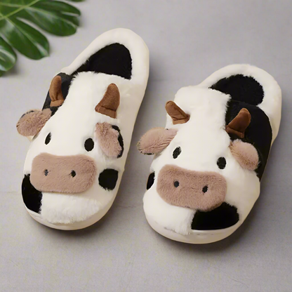 Cute Cow Slippers Women Men | Plush Animal Slippers | Funny Fuzzy Indoor Bedroom Shoes | Black or Brown Cow House Slippers Gift