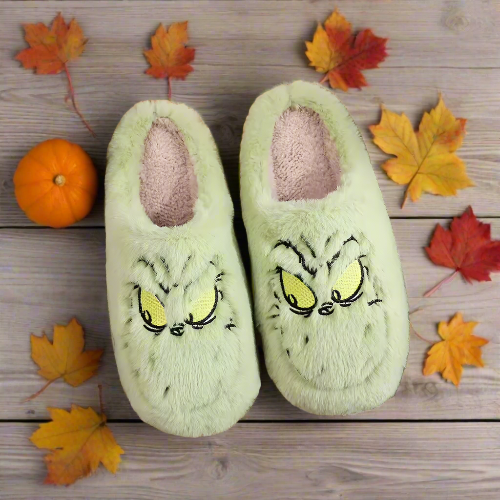 Mean Green Christmas Slippers – Funny Holiday Character Furry Slippers – Cozy Plush Winter House Shoes for Men & Women – Green Monster Gift