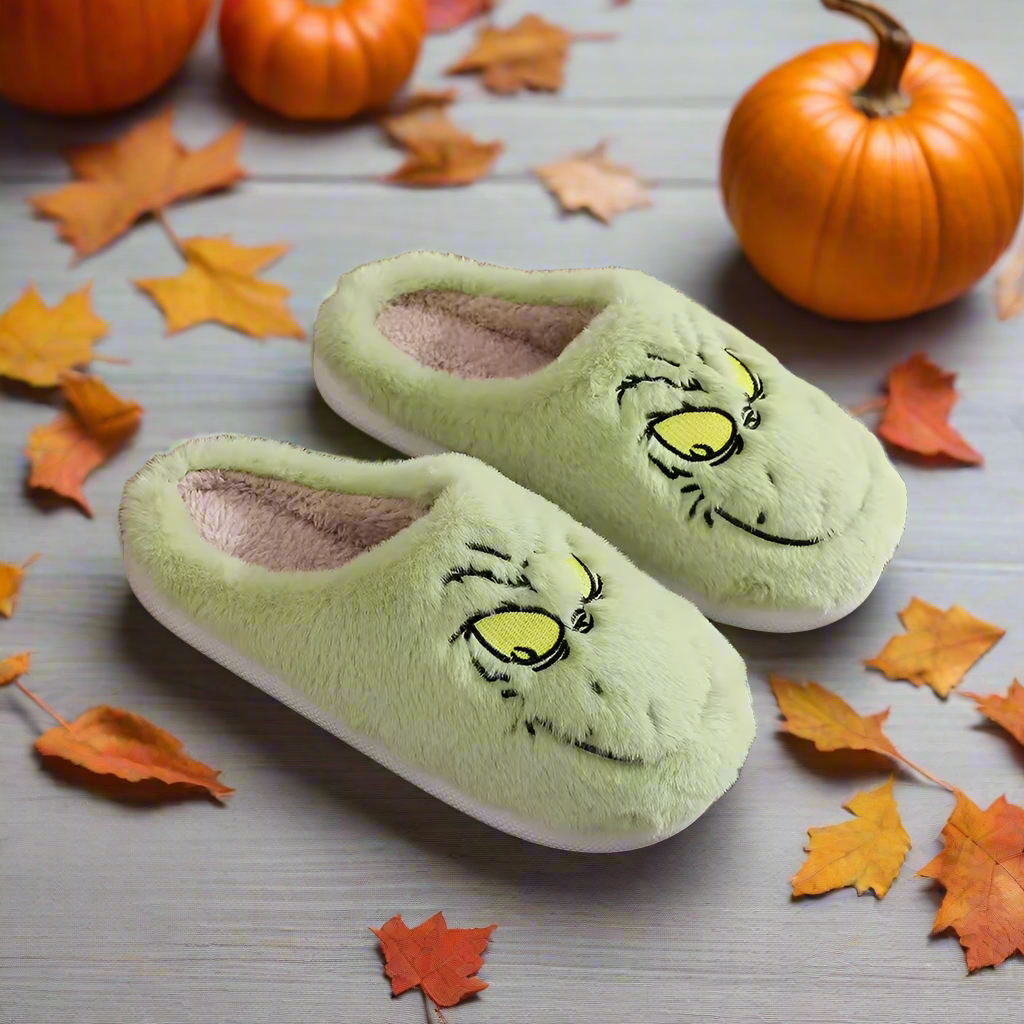 Mean Green Christmas Slippers – Funny Holiday Character Furry Slippers – Cozy Plush Winter House Shoes for Men & Women – Green Monster Gift