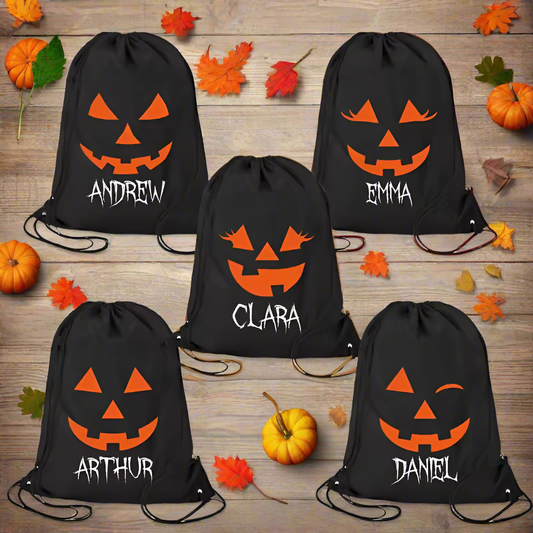Personalized Halloween Drawstring Bag – Custom Name Trick or Treat Sack with Spooky Pumpkin Faces – Kids Candy Bag – 5 Pumpkin Face Designs