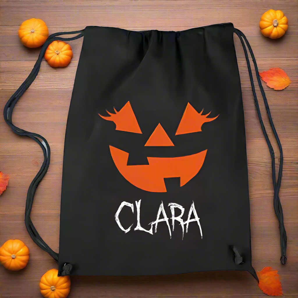 Personalized Halloween Drawstring Bag – Custom Name Trick or Treat Sack with Spooky Pumpkin Faces – Kids Candy Bag – 5 Pumpkin Face Designs