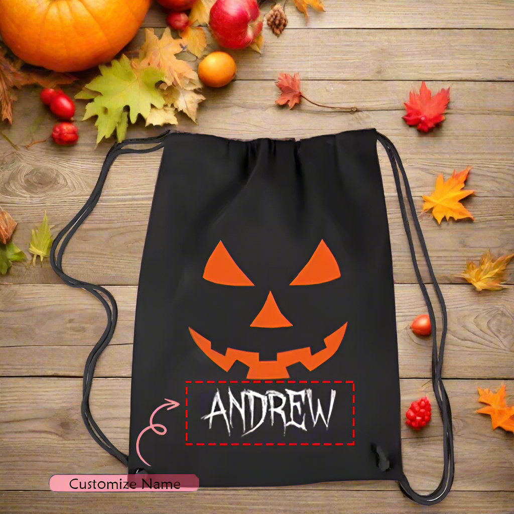 Personalized Halloween Drawstring Bag – Custom Name Trick or Treat Sack with Spooky Pumpkin Faces – Kids Candy Bag – 5 Pumpkin Face Designs