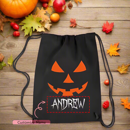 Personalized Halloween Drawstring Bag – Custom Name Trick or Treat Sack with Spooky Pumpkin Faces – Kids Candy Bag – 5 Pumpkin Face Designs