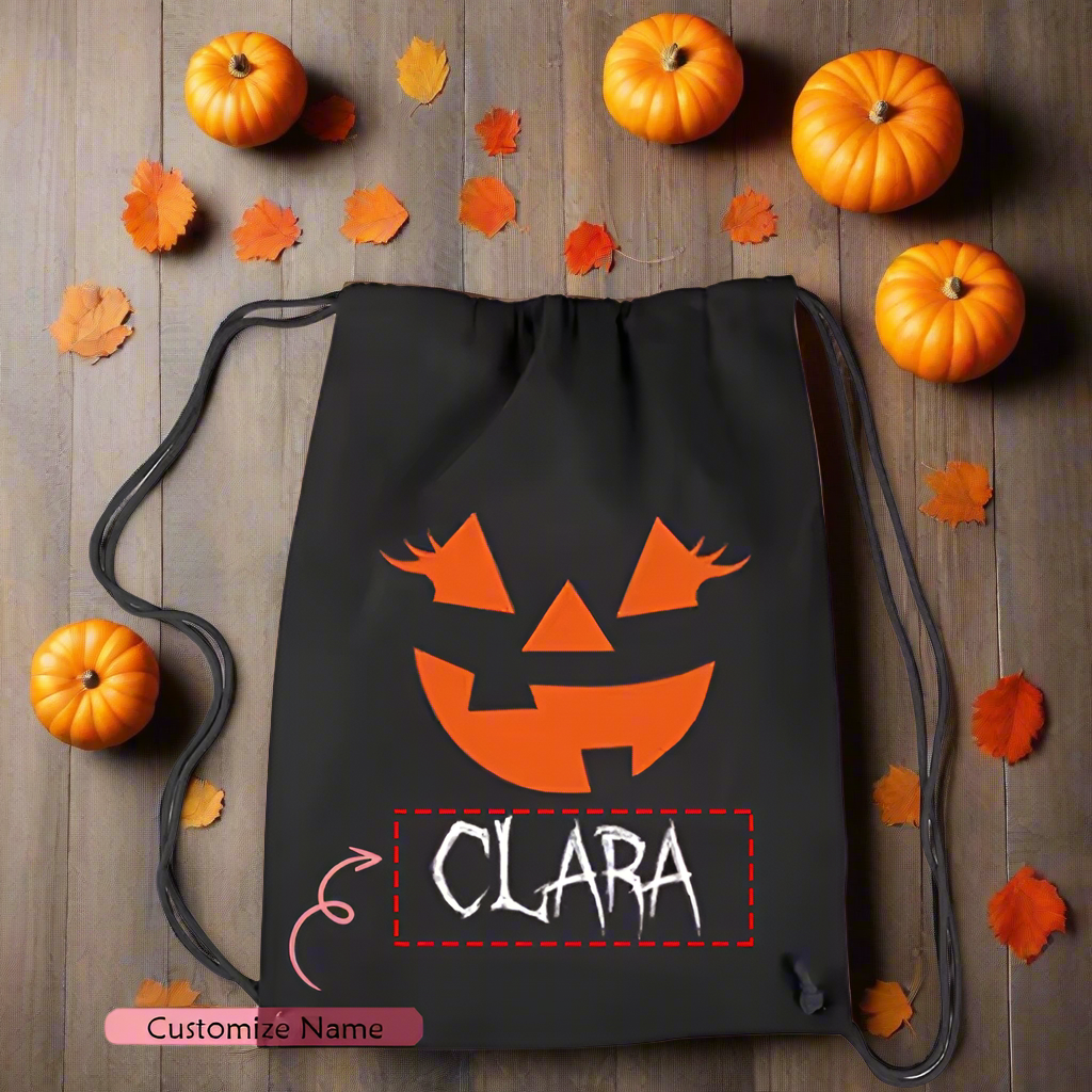 Personalized Halloween Drawstring Bag – Custom Name Trick or Treat Sack with Spooky Pumpkin Faces – Kids Candy Bag – 5 Pumpkin Face Designs