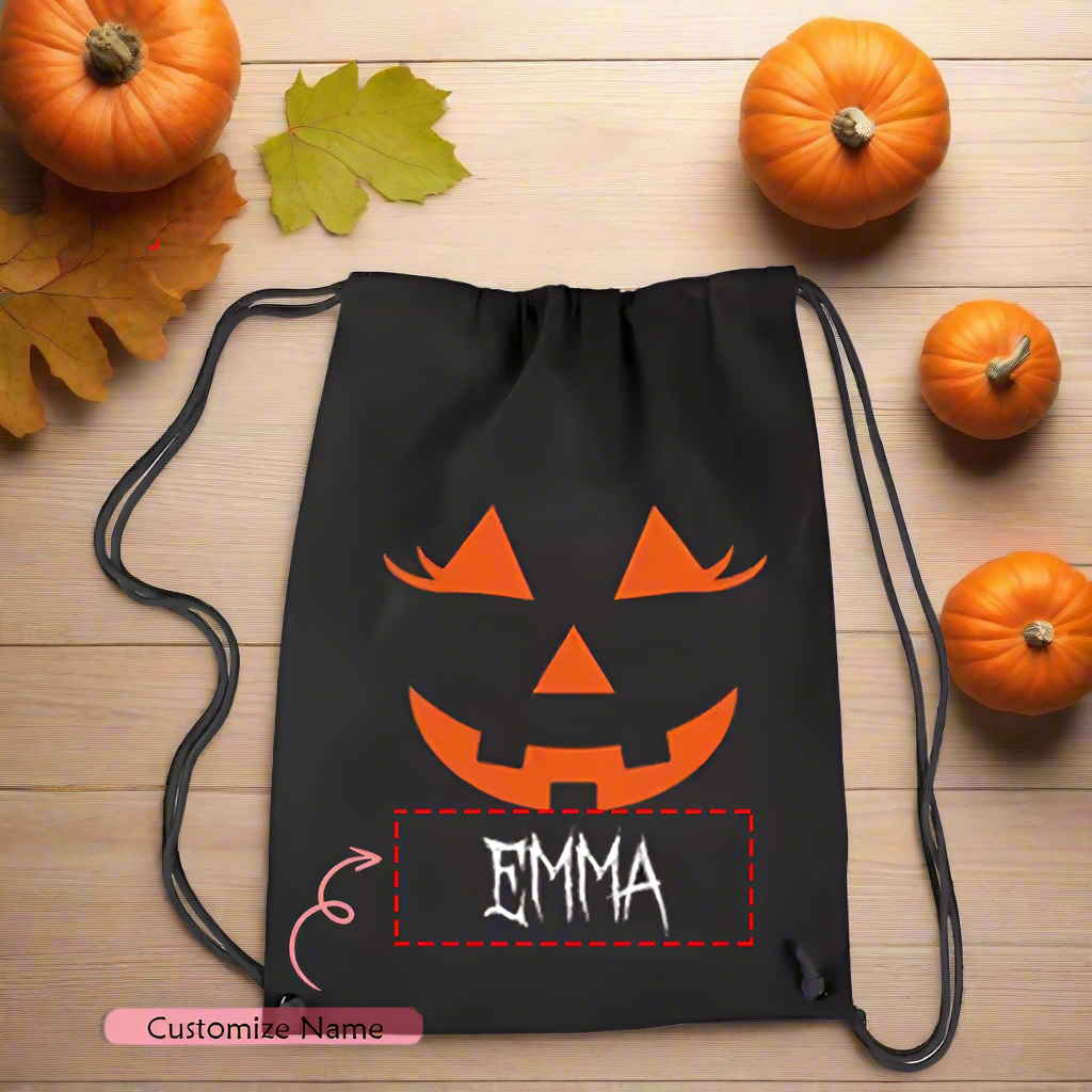 Personalized Halloween Drawstring Bag – Custom Name Trick or Treat Sack with Spooky Pumpkin Faces – Kids Candy Bag – 5 Pumpkin Face Designs