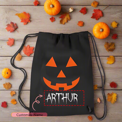 Personalized Halloween Drawstring Bag – Custom Name Trick or Treat Sack with Spooky Pumpkin Faces – Kids Candy Bag – 5 Pumpkin Face Designs