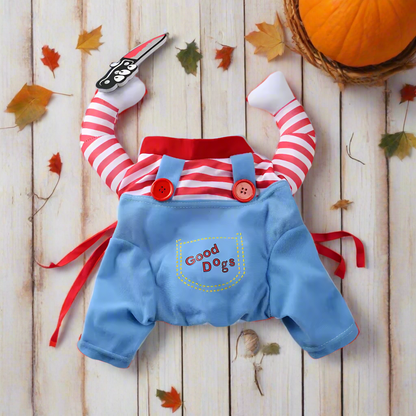 Halloween Pet Costume – Creepy Doll Outfit with Striped Shirt & Overalls for Cats & Dogs, Funny Cosplay with Plush Knife Prop