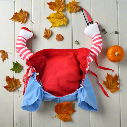 Halloween Pet Costume – Creepy Doll Outfit with Striped Shirt & Overalls for Cats & Dogs, Funny Cosplay with Plush Knife Prop