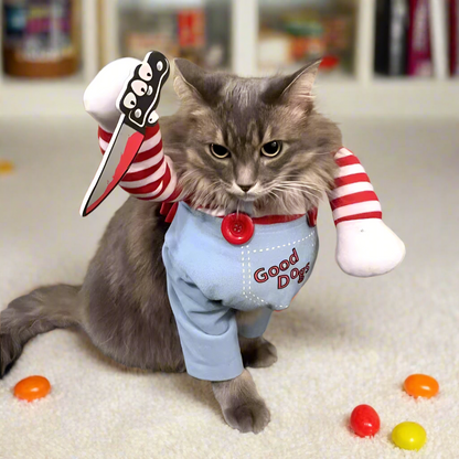 Halloween Pet Costume – Creepy Doll Outfit with Striped Shirt & Overalls for Cats & Dogs, Funny Cosplay with Plush Knife Prop